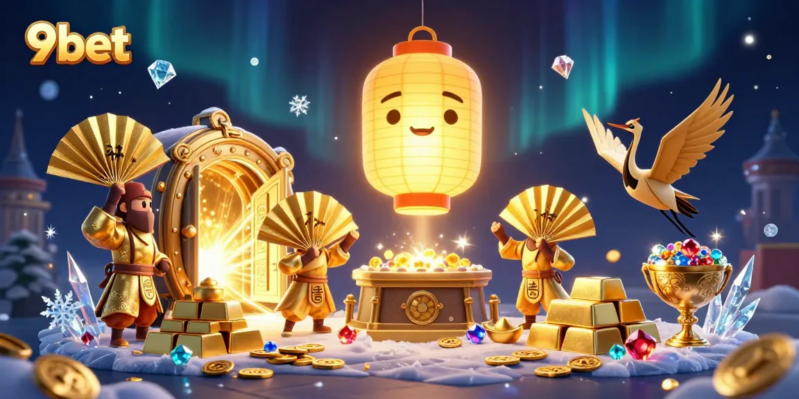 Experience the excitement of 9bet with a vibrant 3D casino illustration filled with glowing characters.