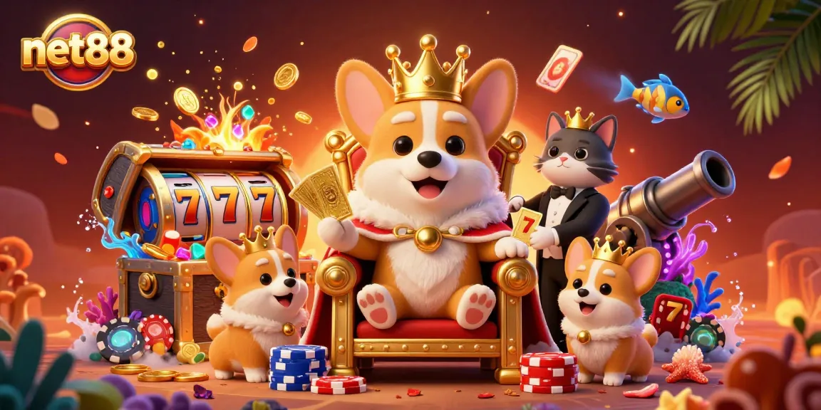 Play and win with net88 in a vibrant 3D casino scene packed with fantasy and gaming elements.