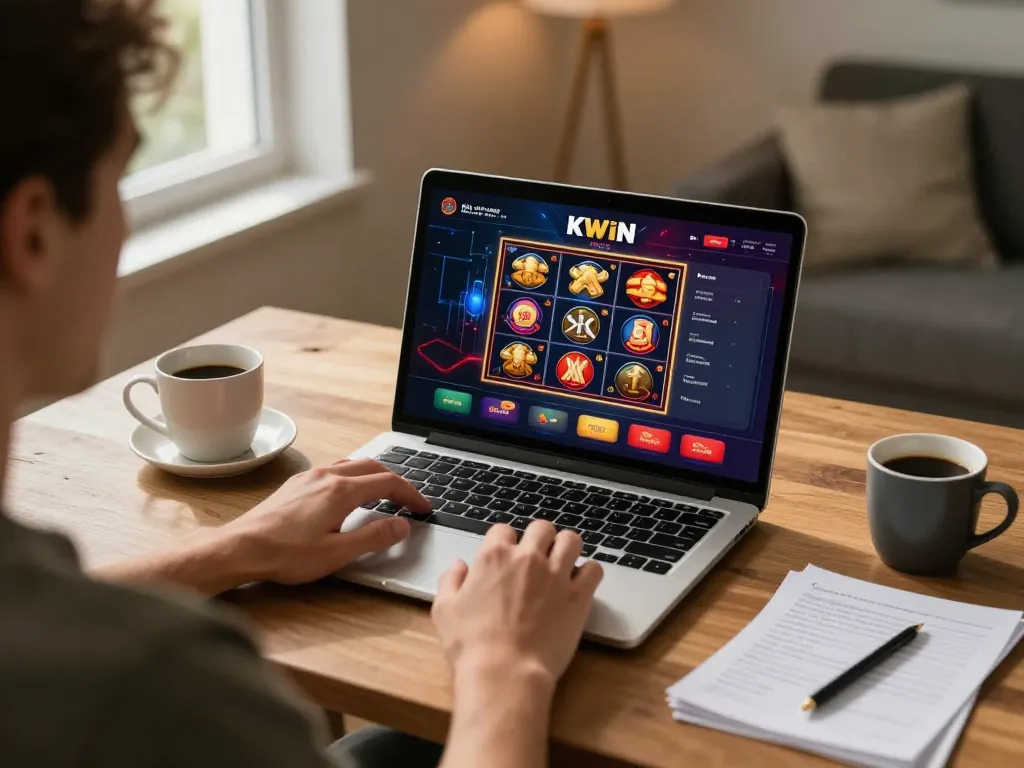 KWIN user engaging with online casino app on laptop in a cozy, comfortable setting