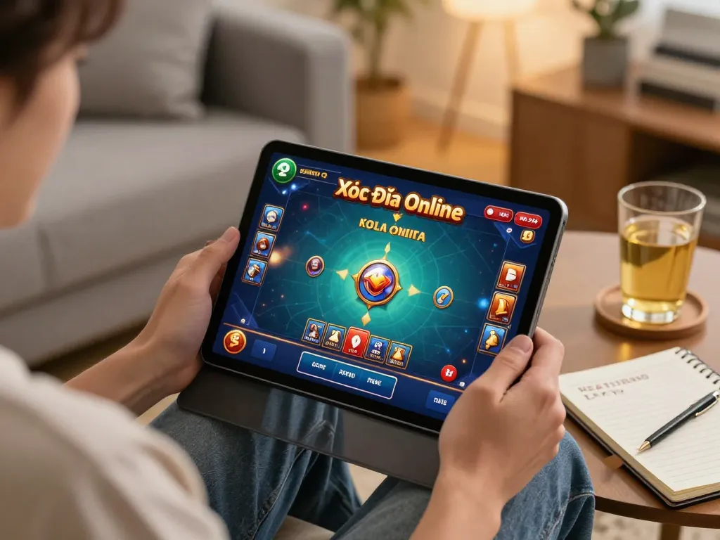 Playing Xóc Đĩa Online on a tablet, showcasing the excitement of online gambling.