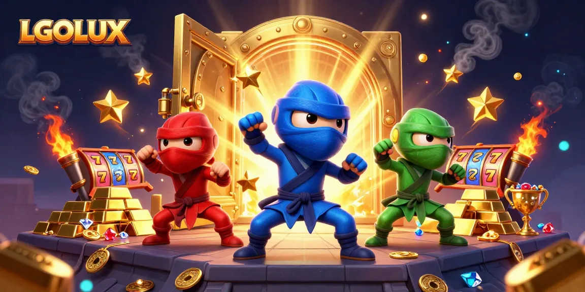 Win big at LGOLUX with vibrant slot reels and a dazzling treasure scene!