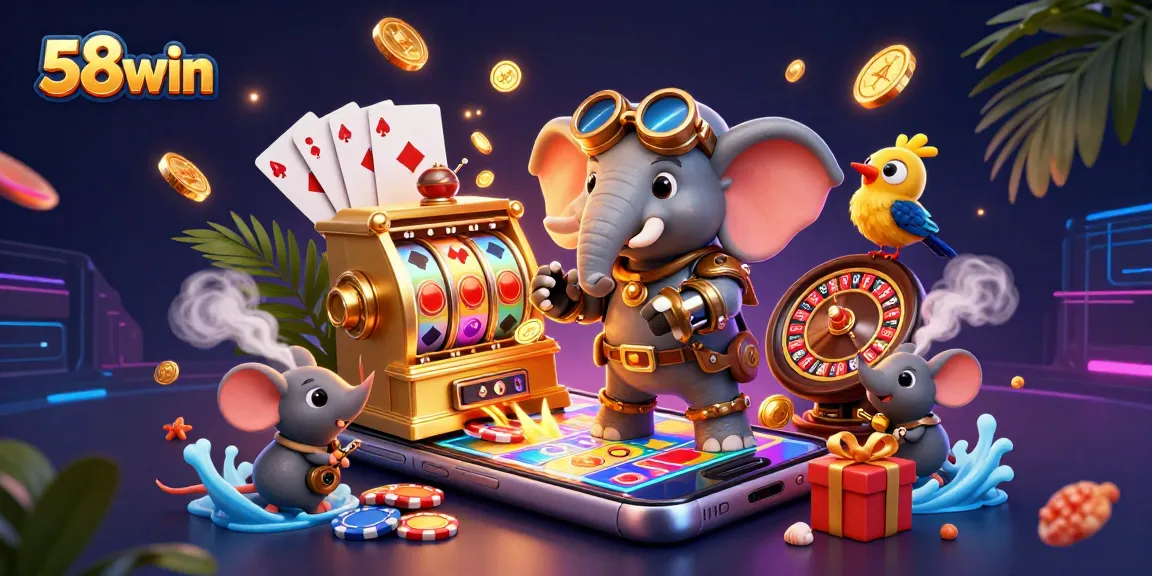 Experience thrilling gaming at 58win with a steampunk elephant and vibrant slot machine.