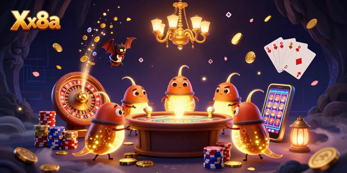 Experience the thrill of Xx8a within a vibrant casino scene illuminated by glowworms and dazzling games.