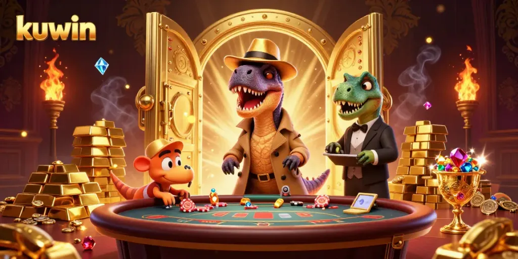 Engage in kuwin gameplay with a mischievous velociraptor and a vigilant stegosaurus at the casino table filled with treasures.