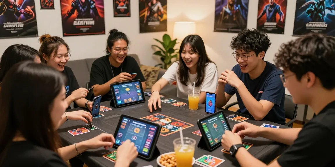 Engaging gaming scene featuring players using gamebaidoithuong.is platform in a lively environment with snacks and technology.