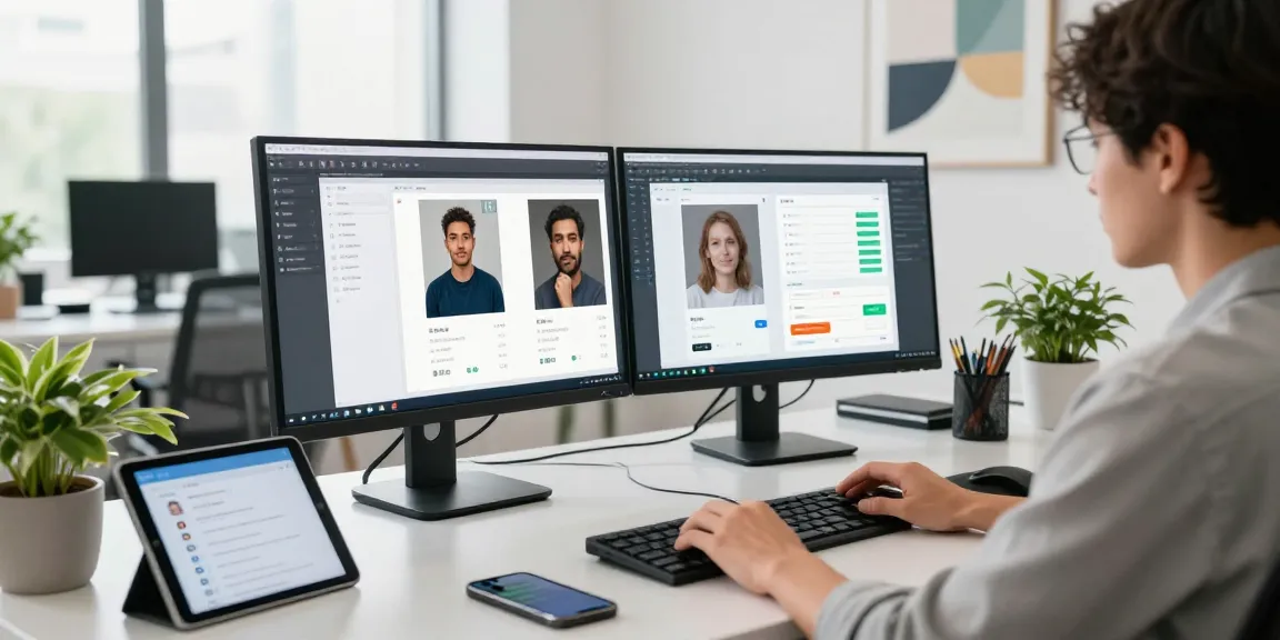 Free AI image detector in use at a modern tech office with detection results displayed on screens.