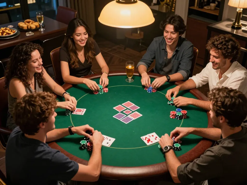 Friends enjoying a lively poker night at home while playing net88.