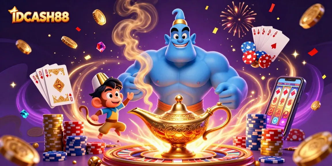 Experience thrilling gaming with IDCASH88, featuring vibrant characters and casino elements in a festive atmosphere.