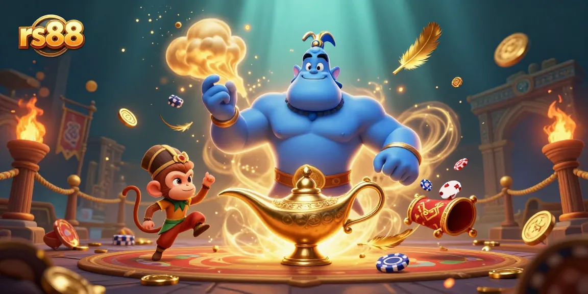Engage in thrilling gaming with rs88, showcasing a Genie, vibrant poker chips, and golden rewards.
