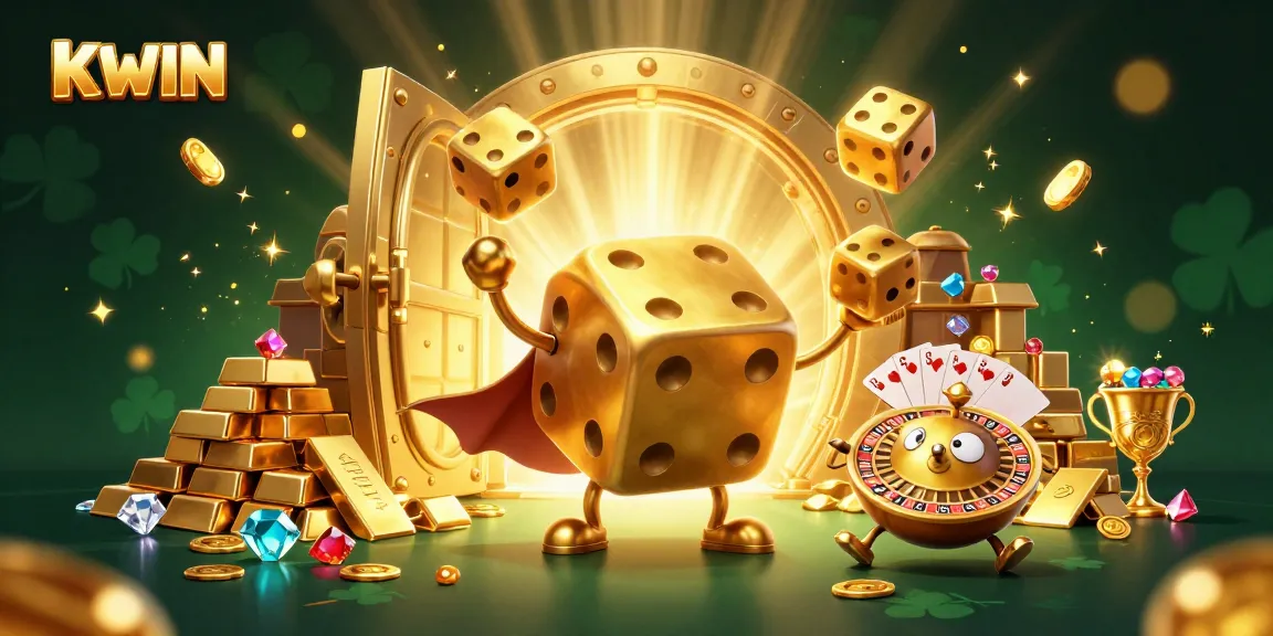 Experience thrilling games at KWIN, featuring golden dice, vibrant treasures, and dynamic casino elements.
