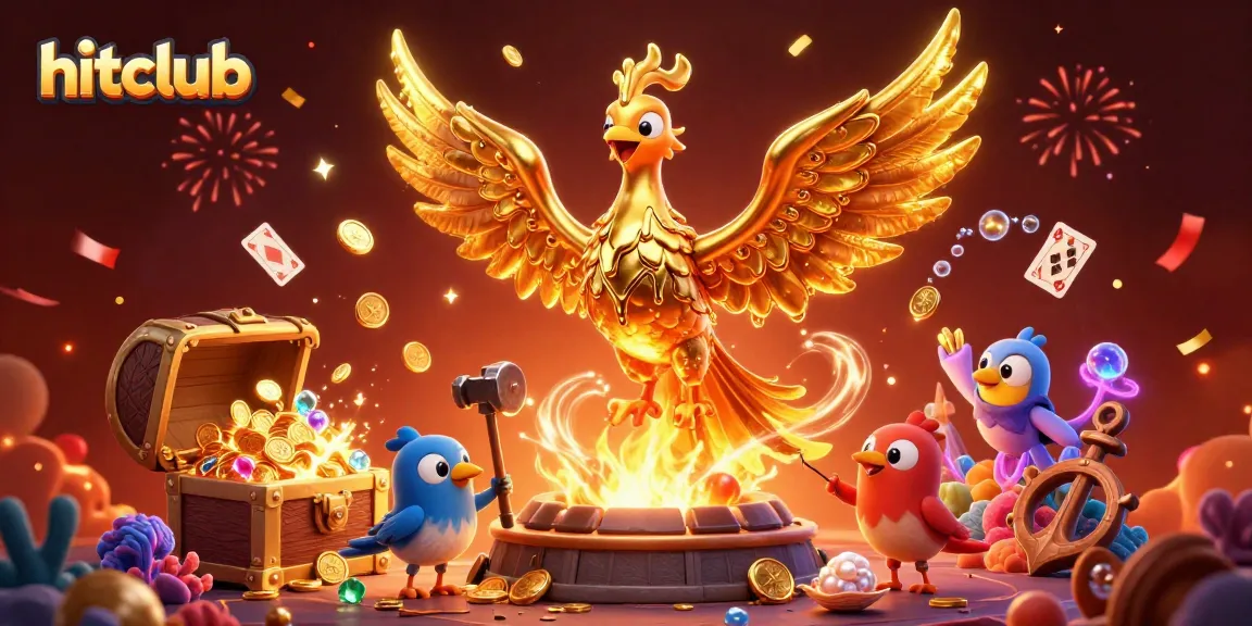 Hitclub celebrates with a molten golden phoenix and festive casino elements exploding with energy.