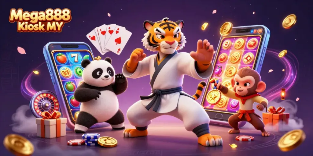 Engage with Mega888 Kiosk MY while enjoying a vibrant 3D illustration of animated characters immersed in casino excitement.