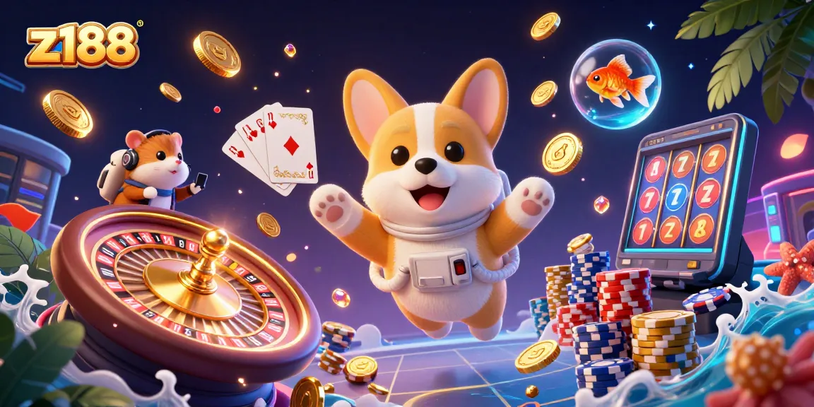 Engage with z188's thrilling casino experience among a cartoon astronaut corgi and vibrant visuals.