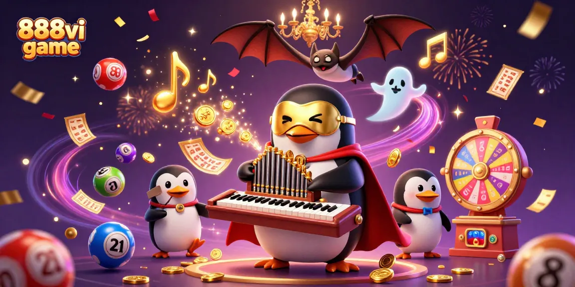 Enjoy the excitement of the 888vi game as a penguin plays a golden organ, surrounded by vibrant casino elements.