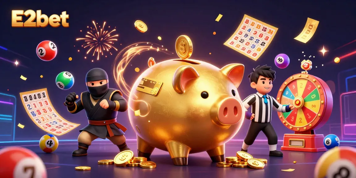 E2bet offers an exciting gaming experience with a lucky golden piggy bank at the center of the casino themed illustration.