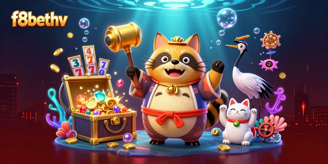 Experience f8bethv's vibrant casino world with cheerful tanuki and treasure-filled scene.
