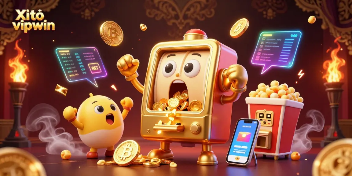 Xì tố vipwin slot machine hitting jackpot fills screen with coins and vibrant crypto elements.