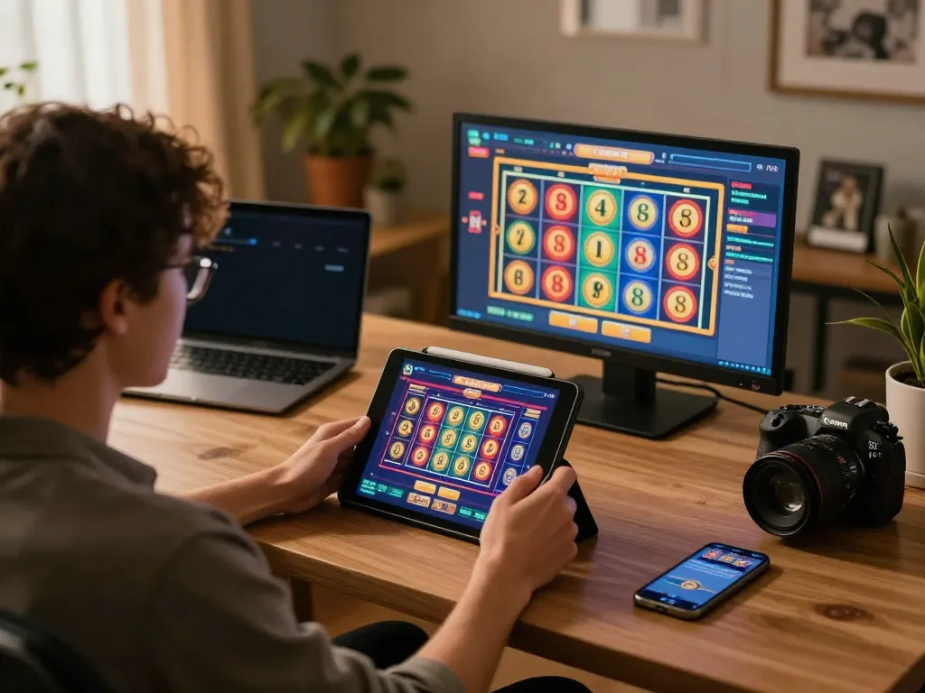 Experience thrilling online slots at O8 in a cozy home setup with stylish decor.