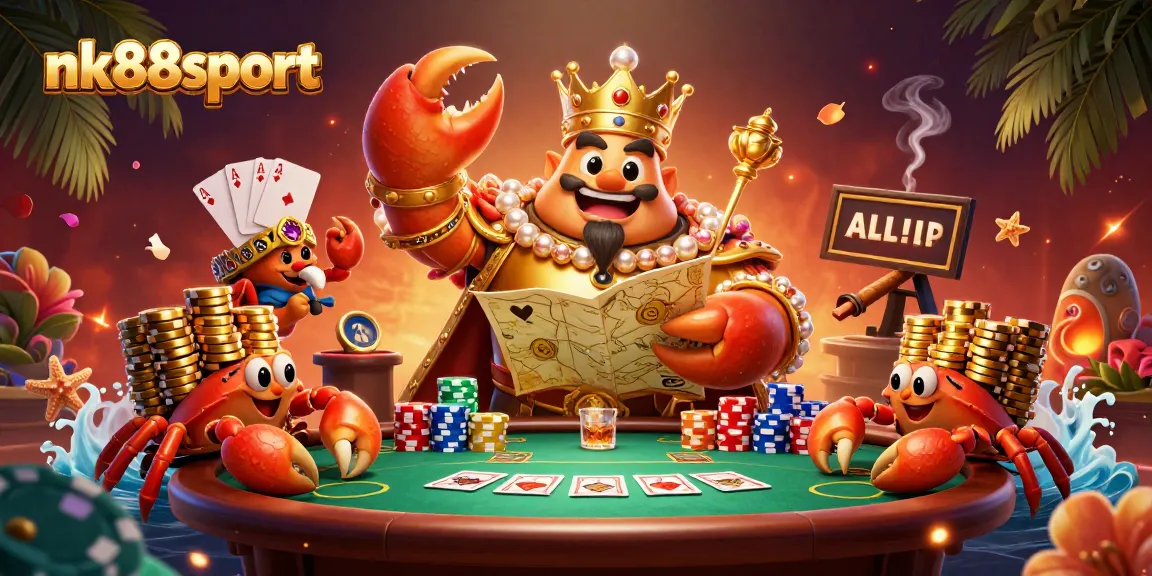 Experience thrills at nk88sport, featuring a golden crab emperor amidst a vibrant casino scene.