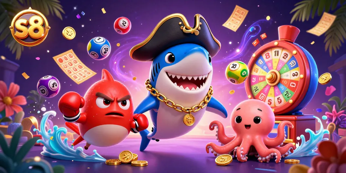 S8's gambling adventure scene featuring a pirate shark, boxing pufferfish, and octopus with gold coins.