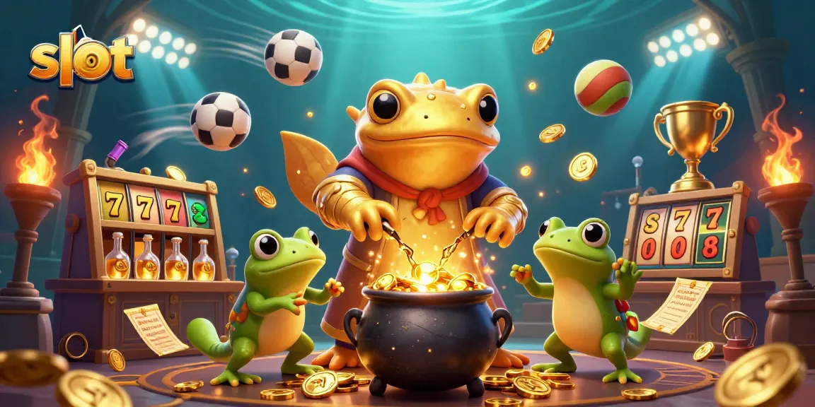 Experience exciting slot gameplay with golden elements and dynamic sports elements in this vibrant 3D illustration.