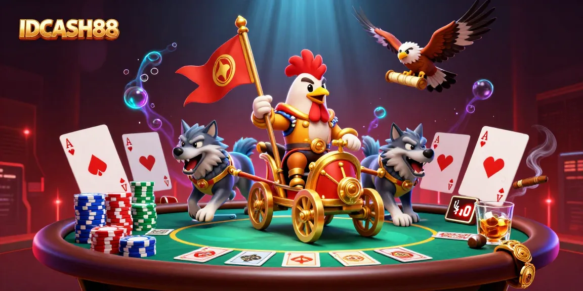 Engage with IDCASH88's dynamic poker scene featuring a rooster warlord and rich game elements.