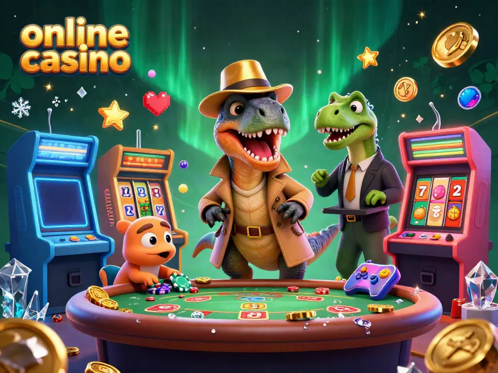 Experience excitement at this online casino scene featuring cartoon dinosaurs and vibrant game elements.