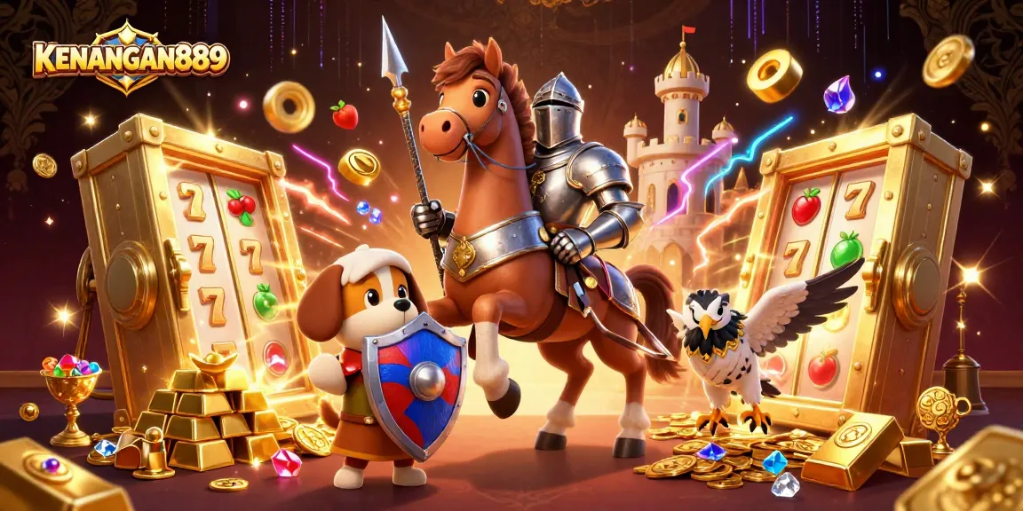 Experience thrilling slots action with KENANGAN889 in this lively 3D illustration featuring knights and treasure.