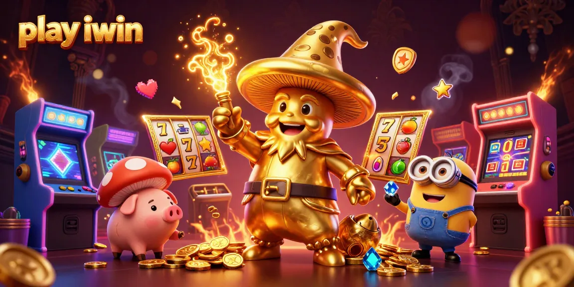 Play iwin with a magical golden wizard amidst vibrant slot machines and treasures in a dynamic casino scene.