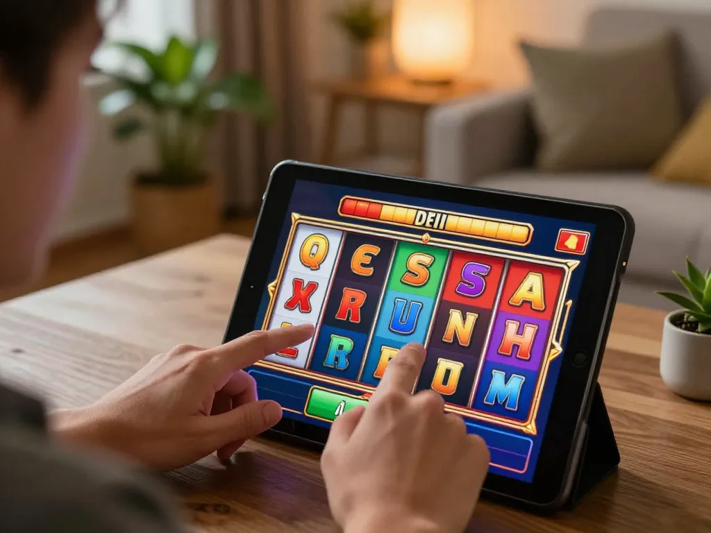 Pemain Bintangmpo terlibat dengan permainan slot yang menarik di tablet di lingkungan rumah yang nyaman