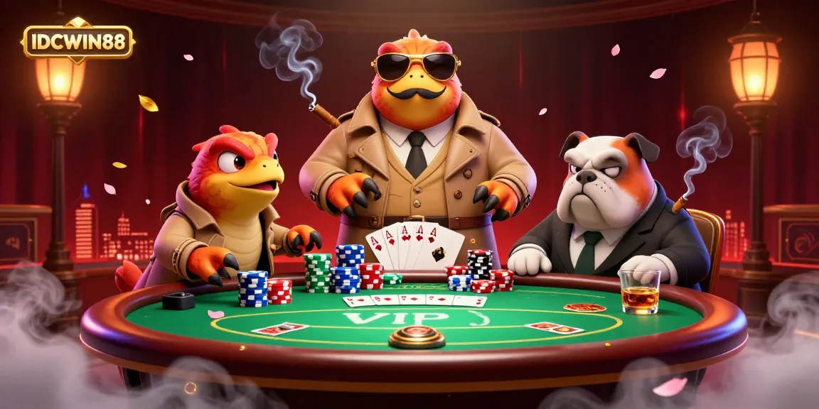 Raptors in trench coat enter IDCWIN88 VIP casino with poker chips and cards.