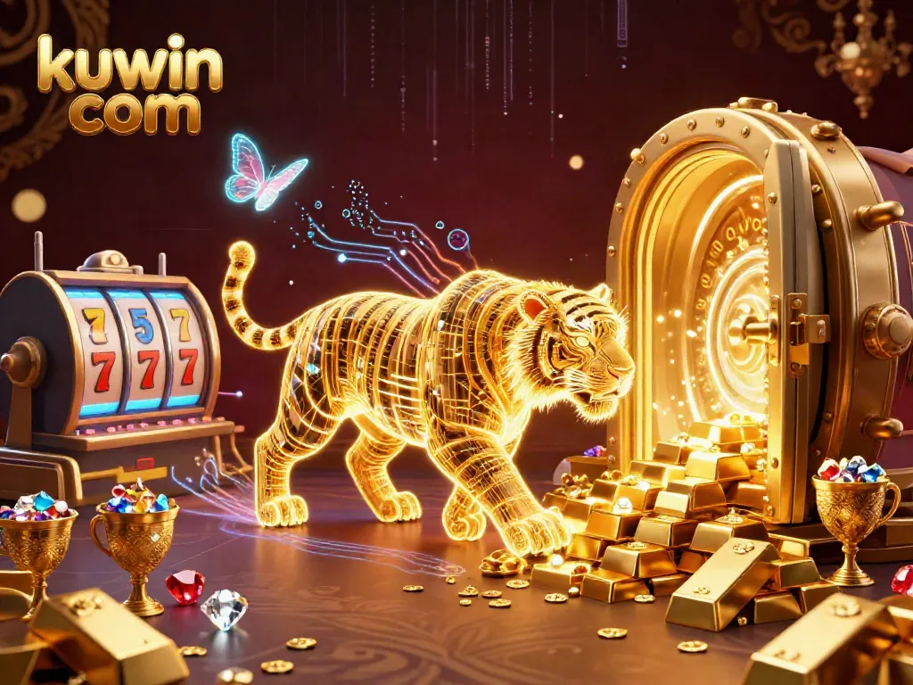Experience the thrill at kuwin com with a neon-wireframe golden tiger amidst a dazzling digital casino.