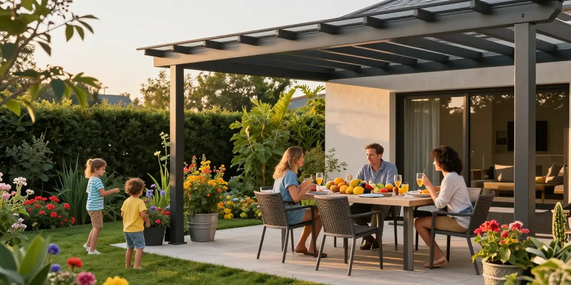 Terrassenüberdachung aus Aluminium in einem idyllischen Garten, Familie beim Essen im Freien