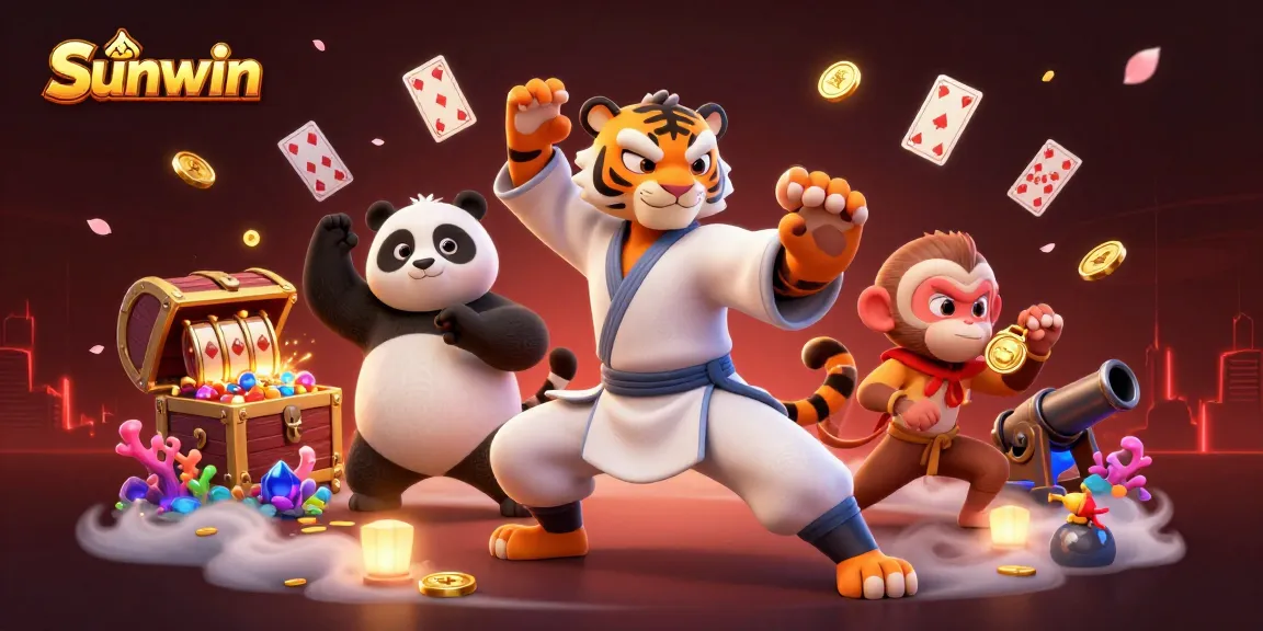 Sunwin players winning big with slot reels and colorful gems in a vibrant 3D casino illustration.