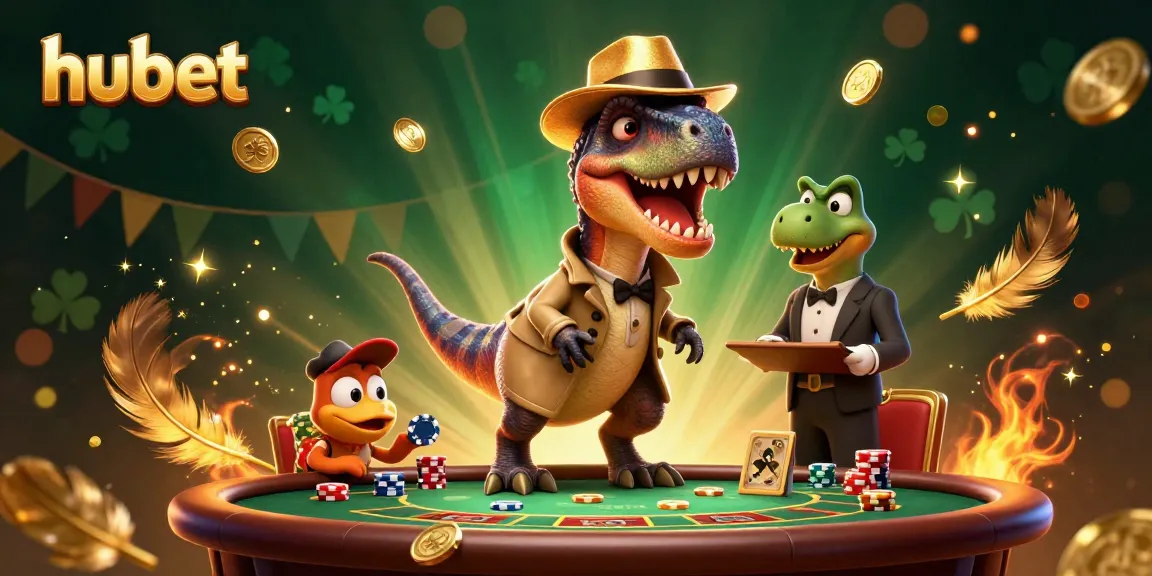 Betting excitement at hubet with a velociraptor card counter and animated casino scene.