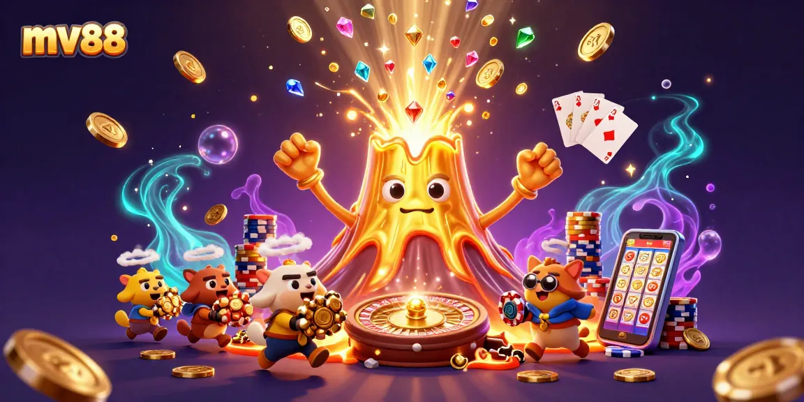 Experience the thrilling excitement of mv88 with cascading coins and a victorious volcano in a vibrant casino scene.