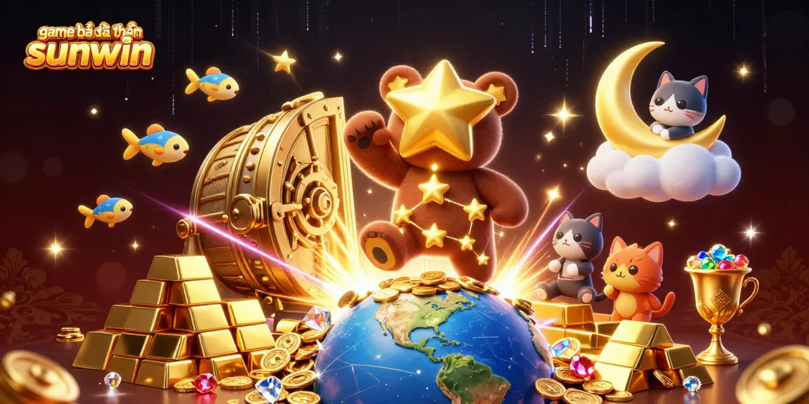 Experience the thrill of game bài đổi thưởng sunwin with a vibrant 3D casino illustration featuring golden treasures and magical characters.