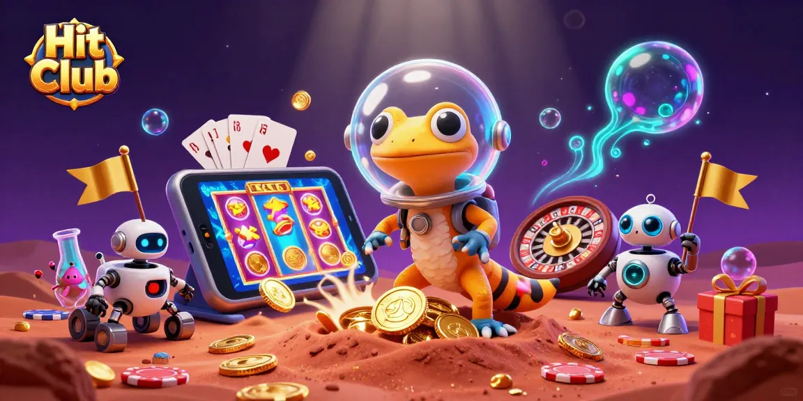 Hit Club showcases a Martian gecko finding a golden casino amidst excitement and vibrant gaming elements.
