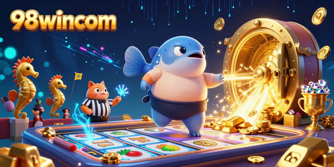 Engage in thrilling gameplay at 98wincom, featuring a dynamic underwater casino scene with vibrant characters.