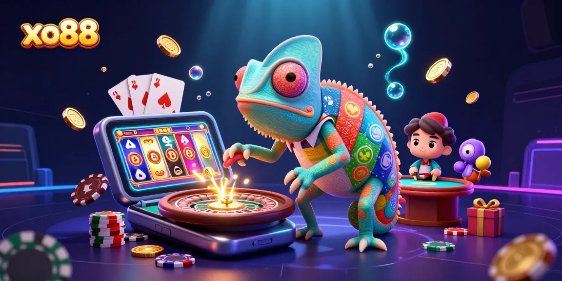 Engage with xo88 slots and poker in a vibrant 3D chameleon casino scene