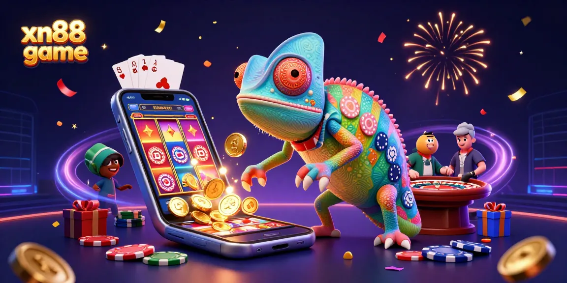 Experience the exhilarating xn88 game with a vibrant 3D casino illustration showcasing colorful slot games and a lively atmosphere.