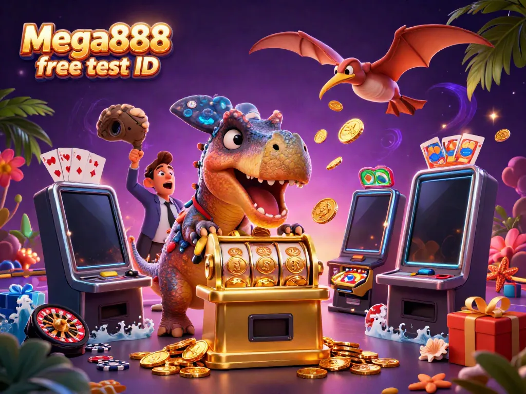 Catch Mega888 free test ID exciting moments as a dinosaur wins jackpots while coins fly in a vibrant casino.