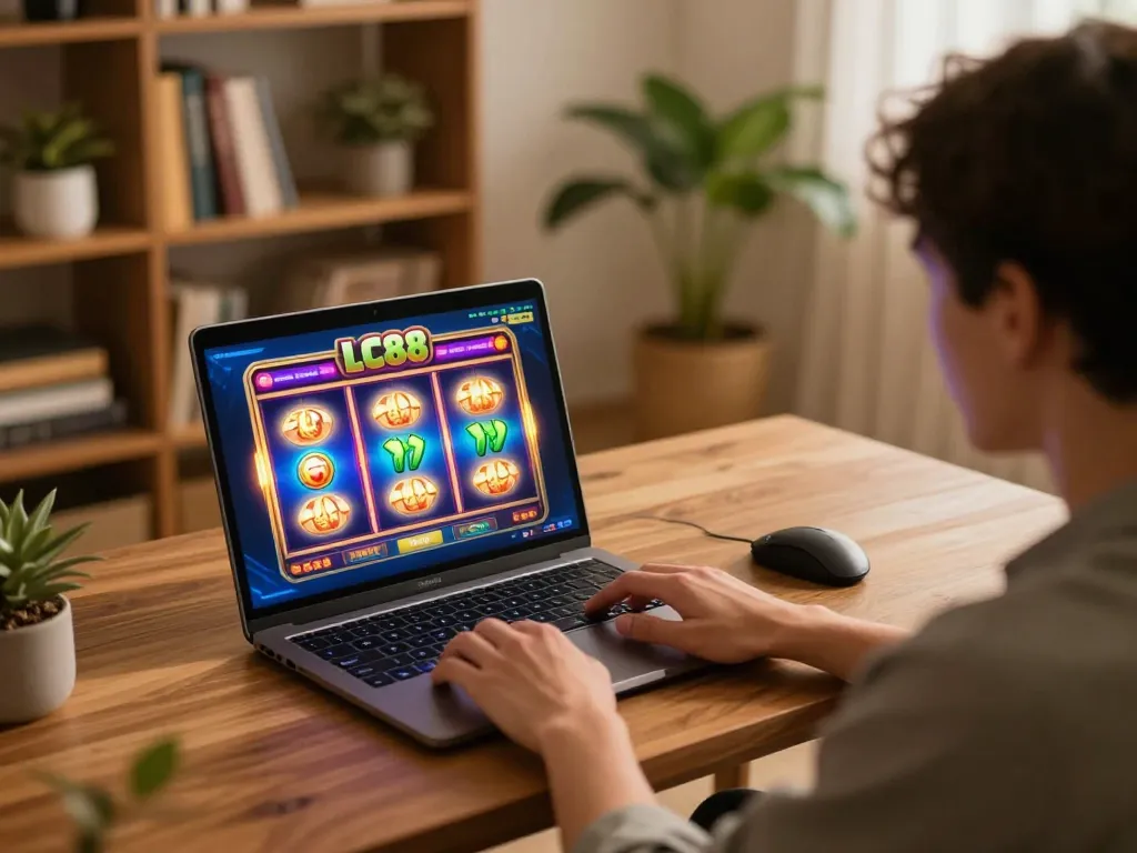 Engaged player experiencing excitement on LC88 online gaming platform from a cozy home setup