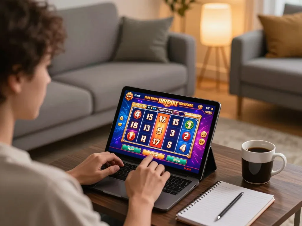 Engaging online gambling experience at home with net88 on tablet, showcasing vibrant slot game interface.