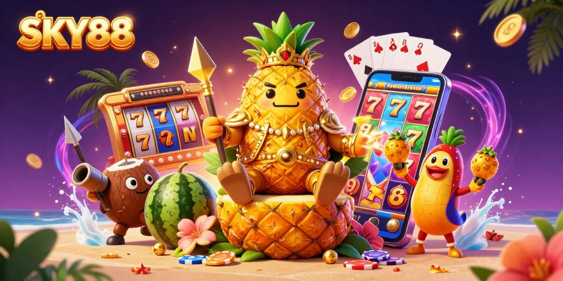 Experience vibrant gambling action with SKY88's scenes of casino excitement filled with golden coins and colorful slot games.