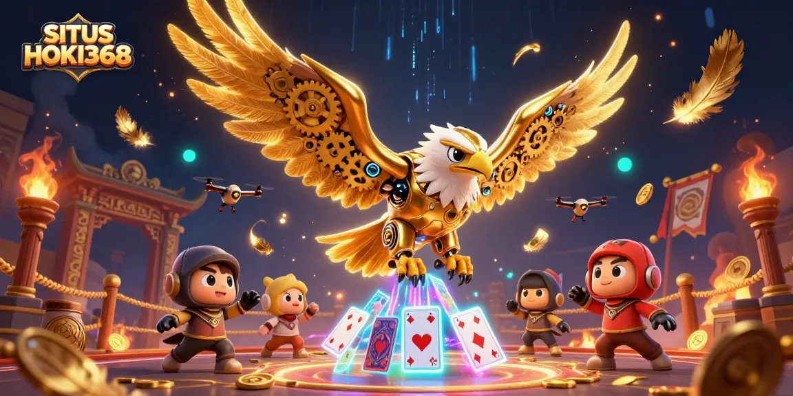 Experience the thrills of SITUS HOKI368 with dynamic holographic cards and mythical eagle in an electrifying casino setting