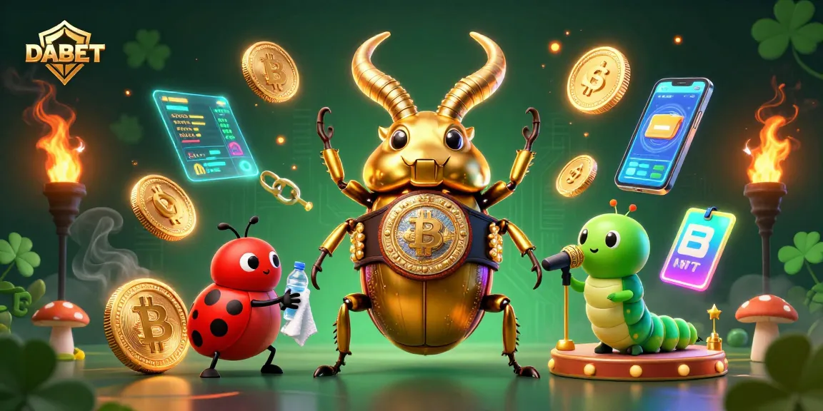 DABET's vibrant casino scene featuring a golden beetle champion with crypto elements and lively atmosphere.