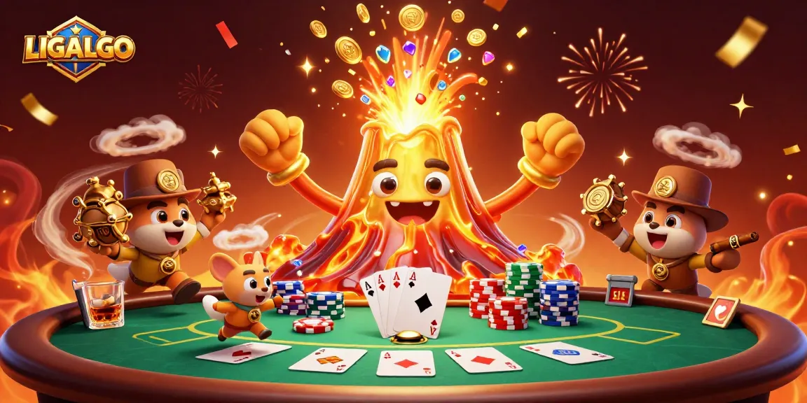 LIGALGO showcases a triumphant golden volcano erupting treasures amidst a vibrant poker scene.