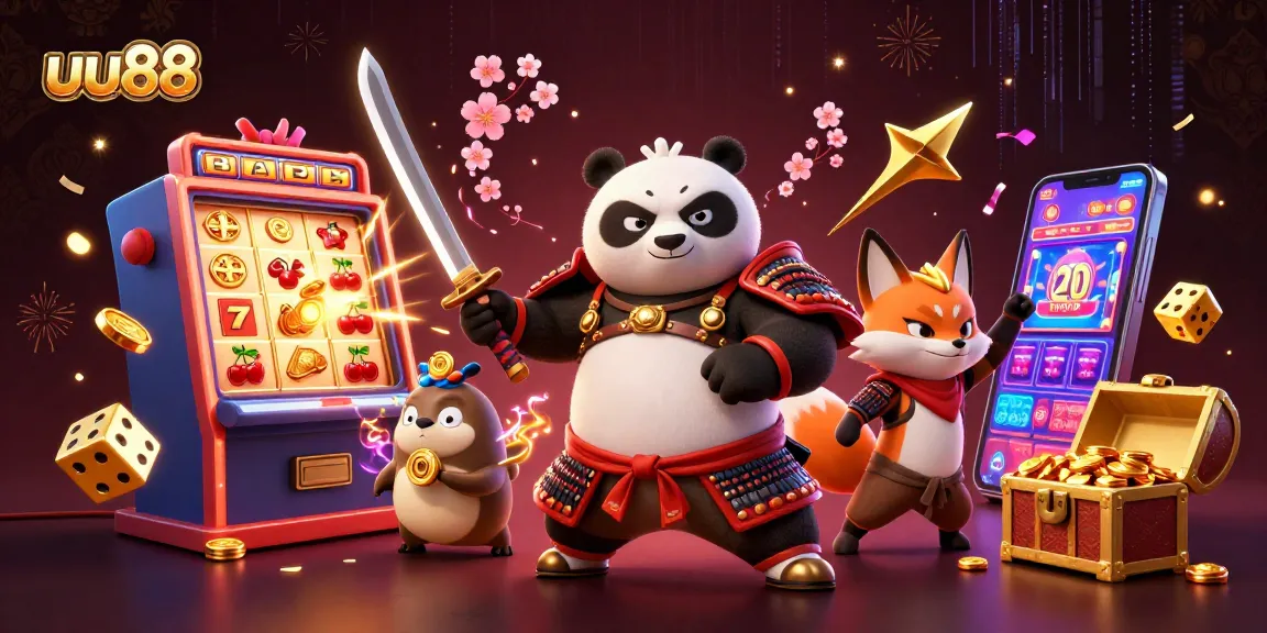 Experience intense action at uu88 with cartoon samurai panda and ninja fox amidst a casino jackpot explosion.