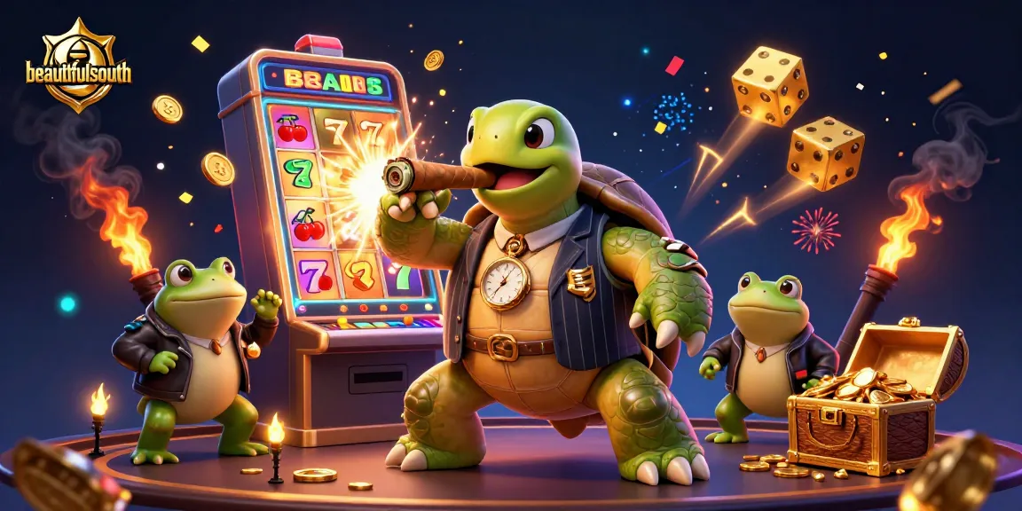 Beautifulsouth showcases a vibrant casino scene with a snapping turtle and bullfrog enforcers amidst slot machines and treasures.